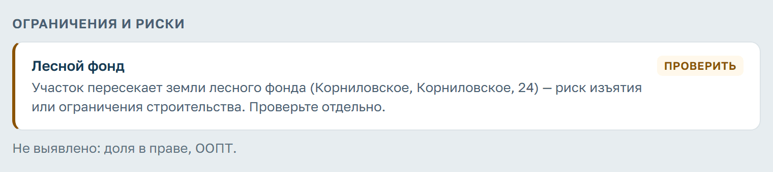 Блок «Ограничения и риски» разбора лота: пересечение с землями лесного фонда и перечень того, что не выявлено